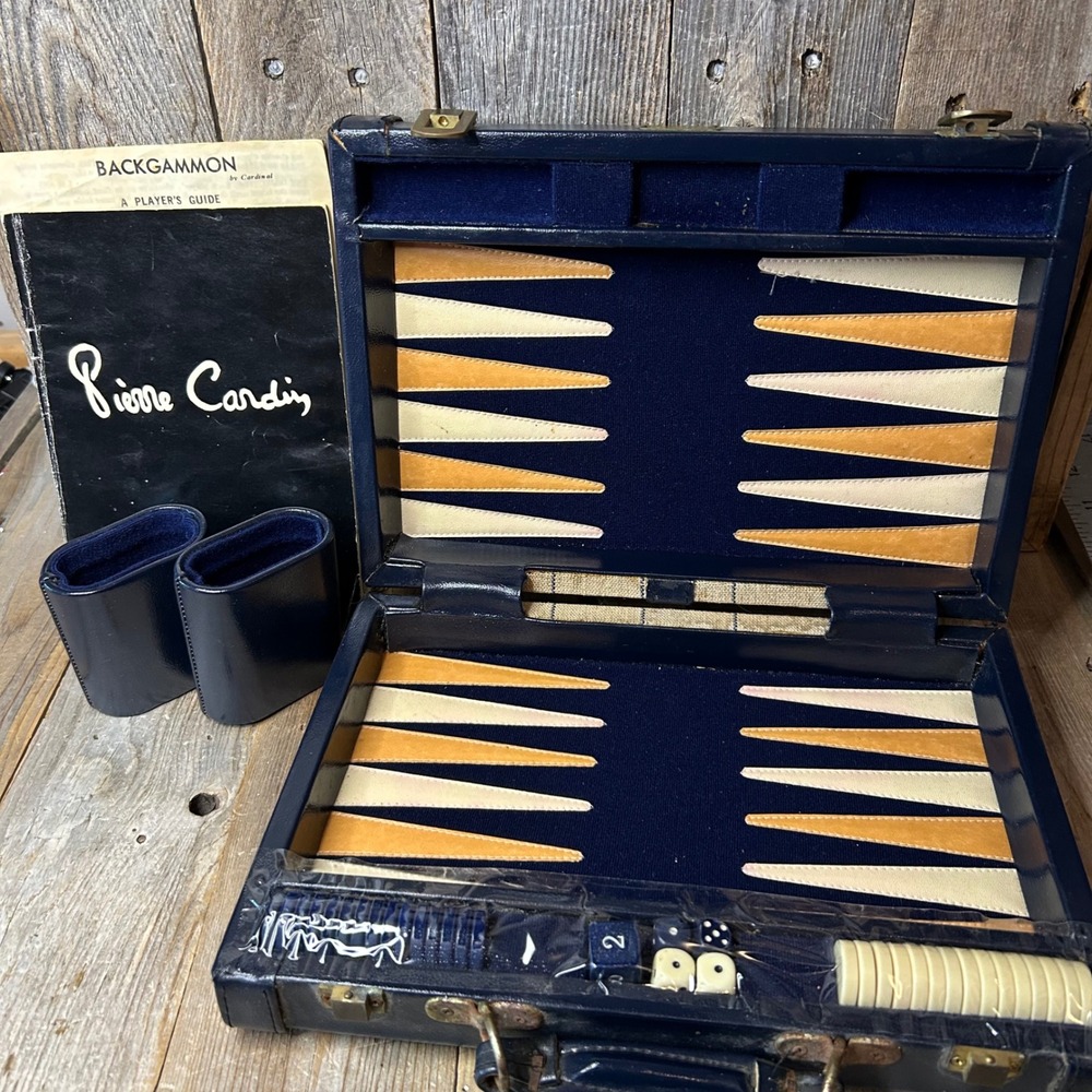 Vintage Pierre Cardin Backgammon Set Leather & Velvet Navy Blue Plaid Case